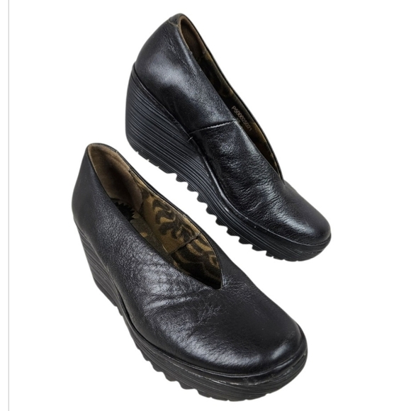 Fly London YAZ Leather Wedge Pump Black Size 38 Slip On Comfort - Picture 1 of 15